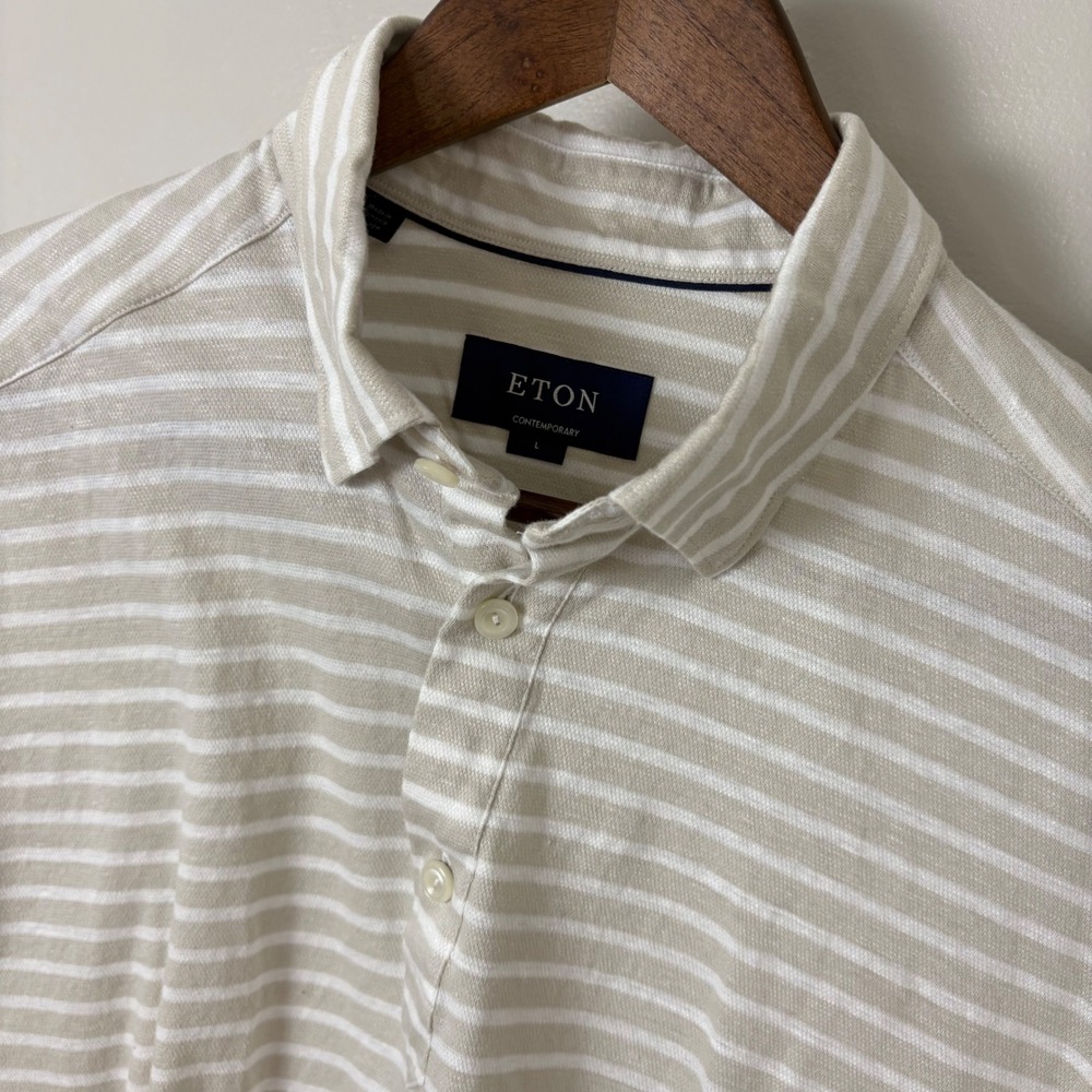 Eton Polo Shirt Men Fits Medium Beige White Stripe Short Sleeve Contemporary Fit
